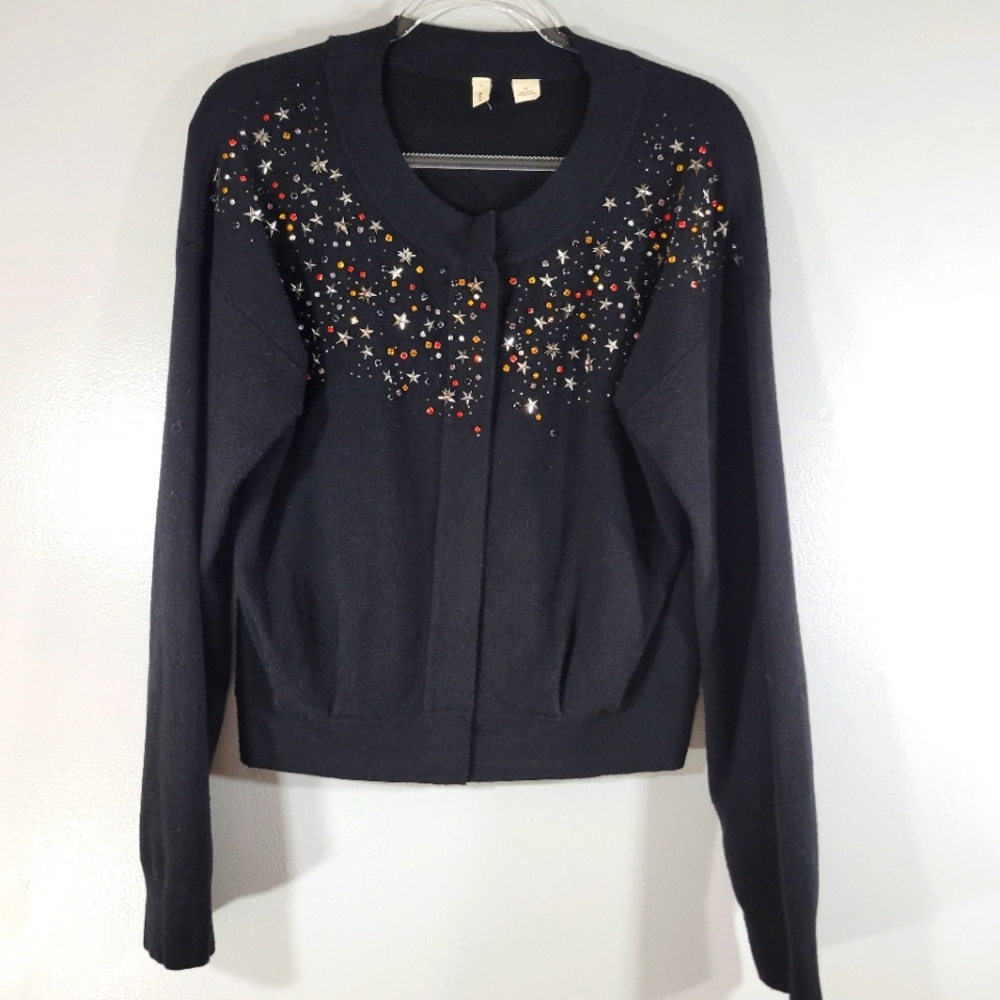 Anthro MOTH jeweled beaded snap front soft drop sleeve black cardigan sweater